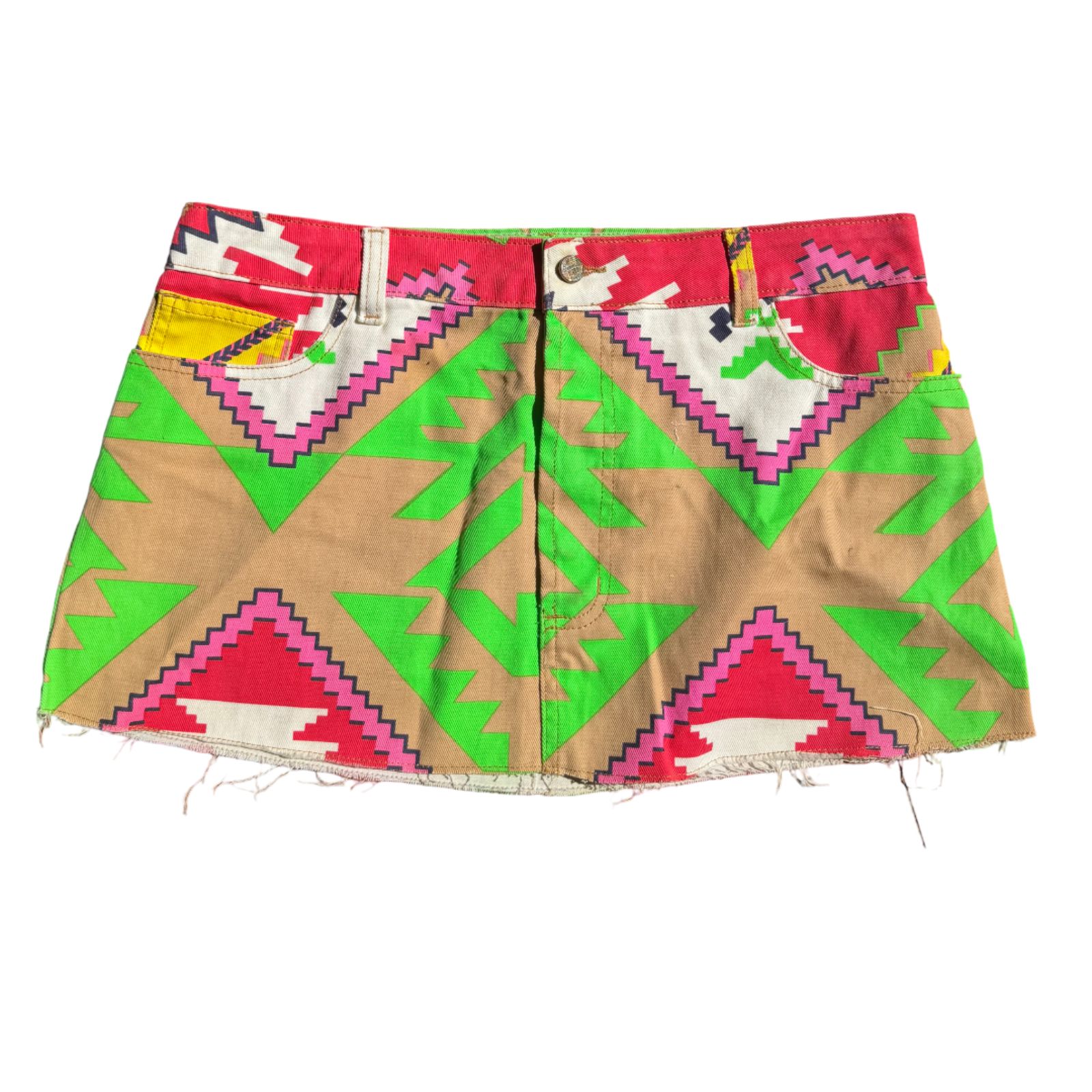 Farm Rio Euc Geometric Aztec Print Low Rise Denim Mini Skirt Pink Green Sz 42
